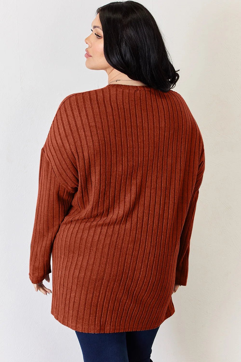 Basic Bae Full Size Ribbed Half Button Long Sleeve High - Low T-Shirt - PBNJ FASHIONS