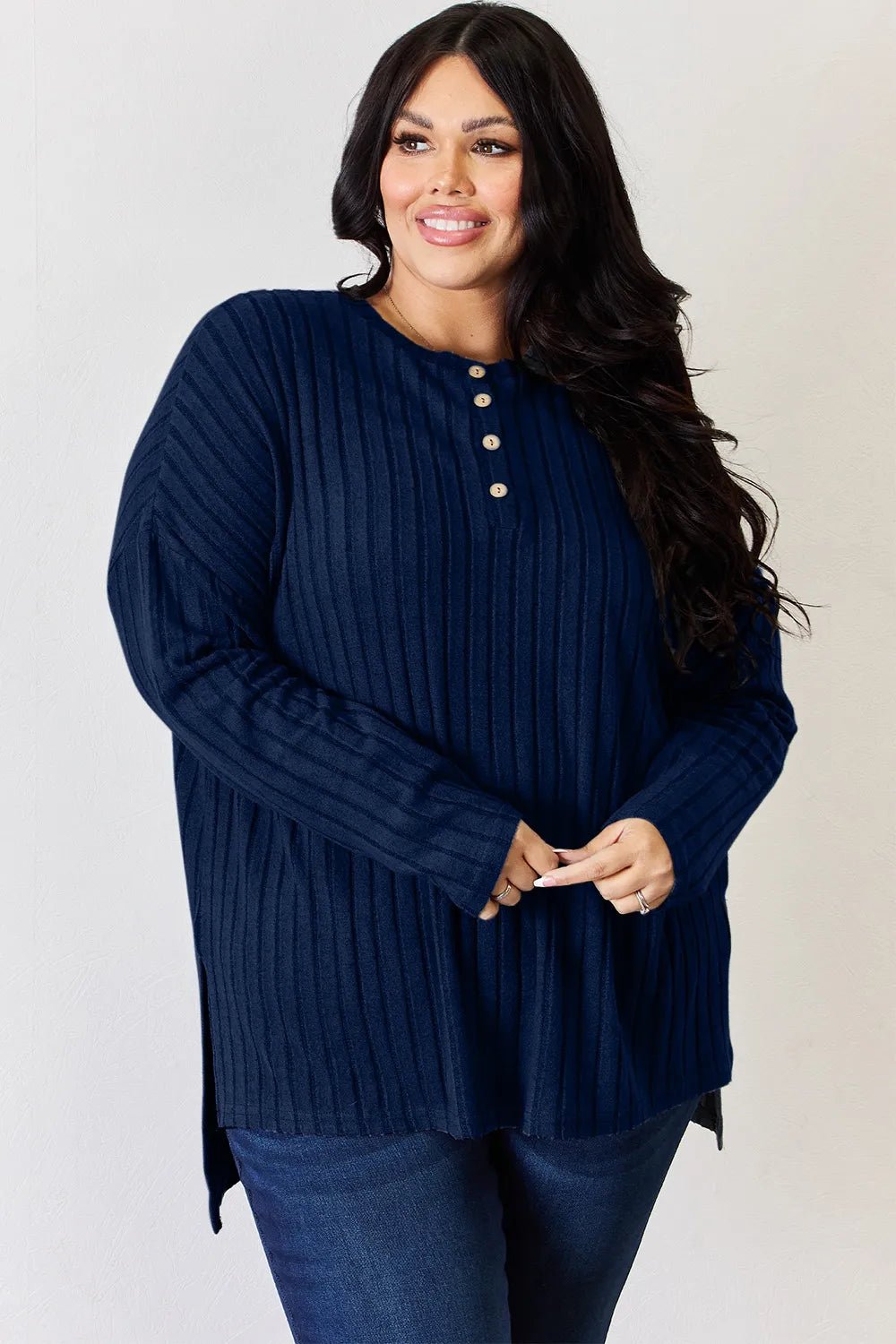 Basic Bae Full Size Ribbed Half Button Long Sleeve High - Low T-Shirt - PBNJ FASHIONS