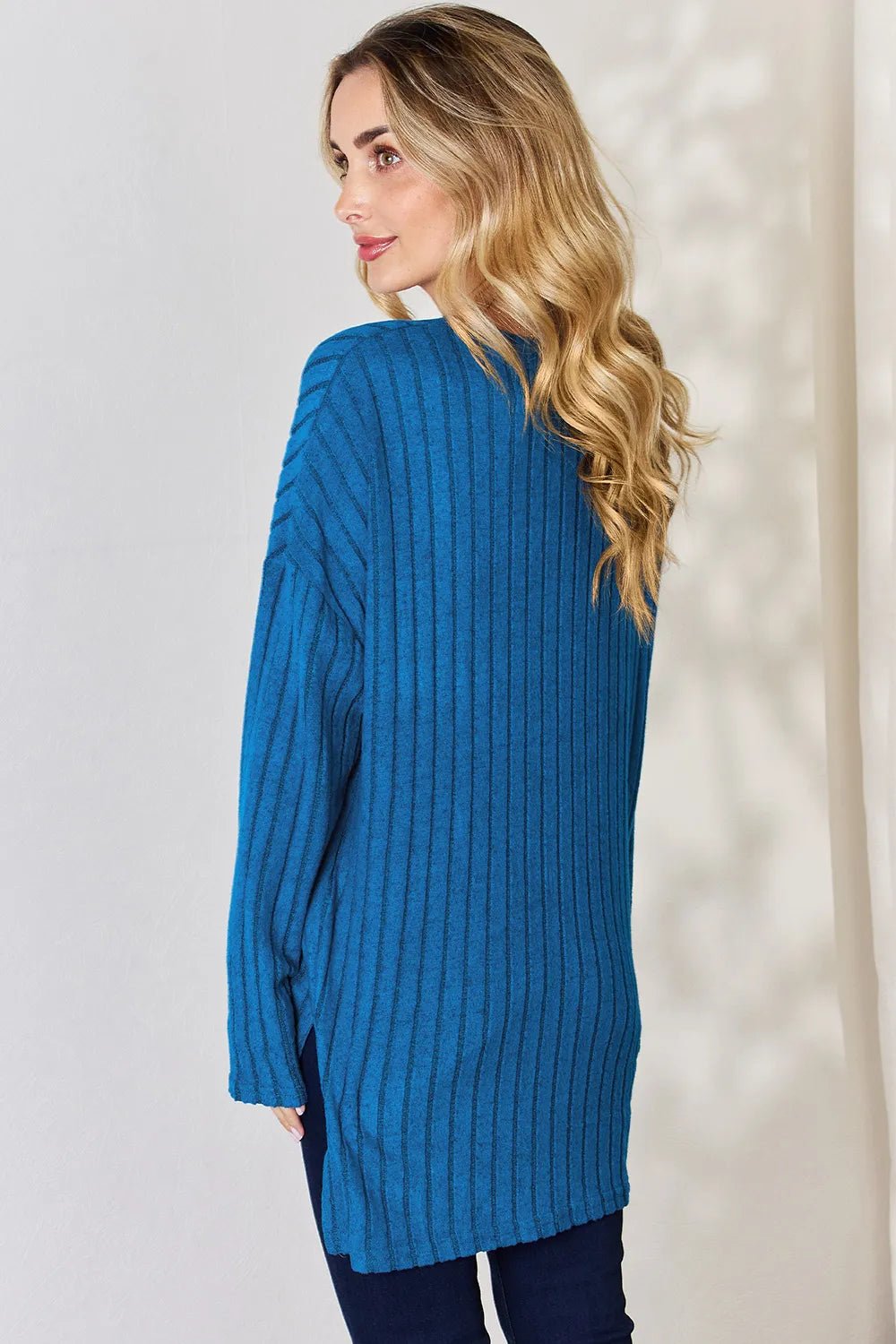 Basic Bae Full Size Ribbed Half Button Long Sleeve High - Low T-Shirt - PBNJ FASHIONS