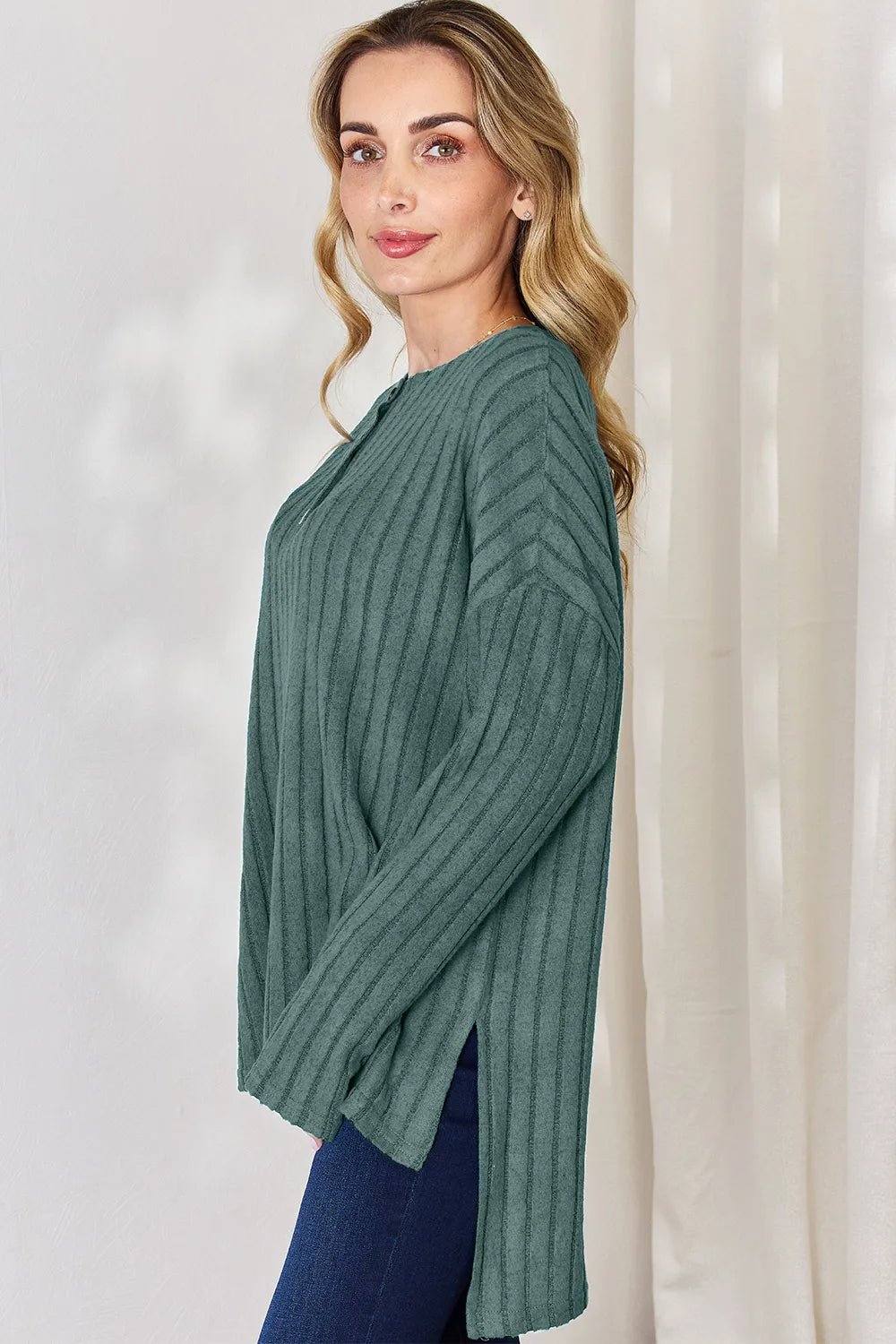 Basic Bae Full Size Ribbed Half Button Long Sleeve High - Low T-Shirt - PBNJ FASHIONS