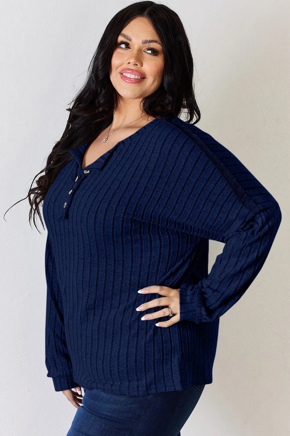 Basic Bae Full Size Ribbed Half Button Long Sleeve T-Shirt - PBNJ FASHIONS