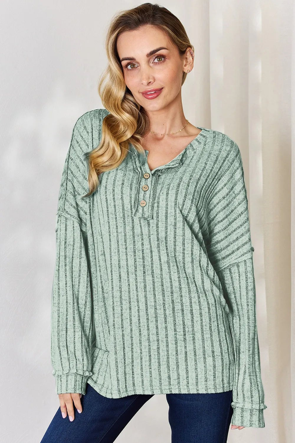Basic Bae Full Size Ribbed Half Button Long Sleeve T-Shirt - PBNJ FASHIONS