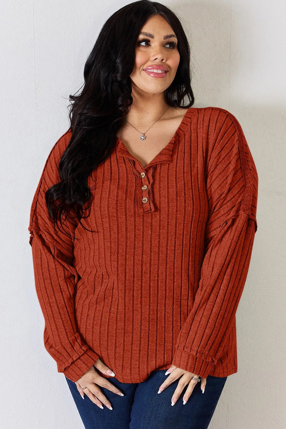 Basic Bae Full Size Ribbed Half Button Long Sleeve T-Shirt - PBNJ FASHIONS