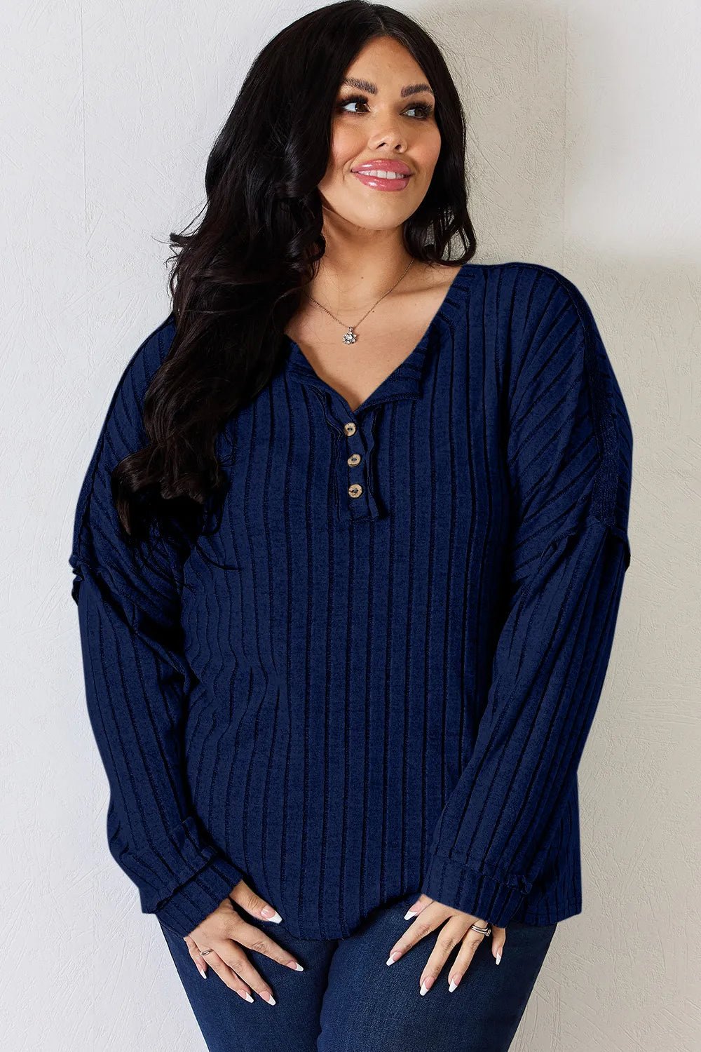 Basic Bae Full Size Ribbed Half Button Long Sleeve T-Shirt - PBNJ FASHIONS