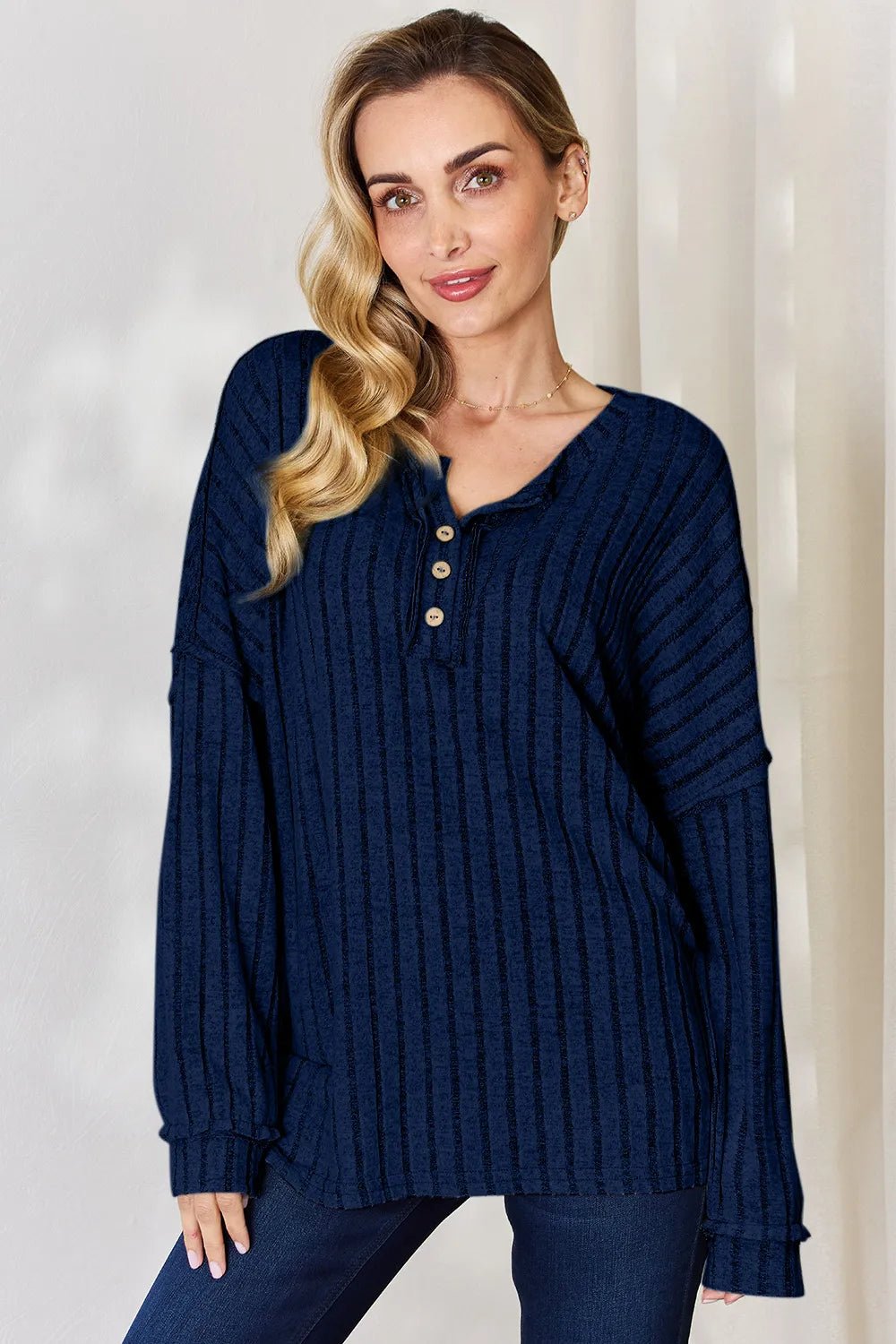 Basic Bae Full Size Ribbed Half Button Long Sleeve T-Shirt - PBNJ FASHIONS