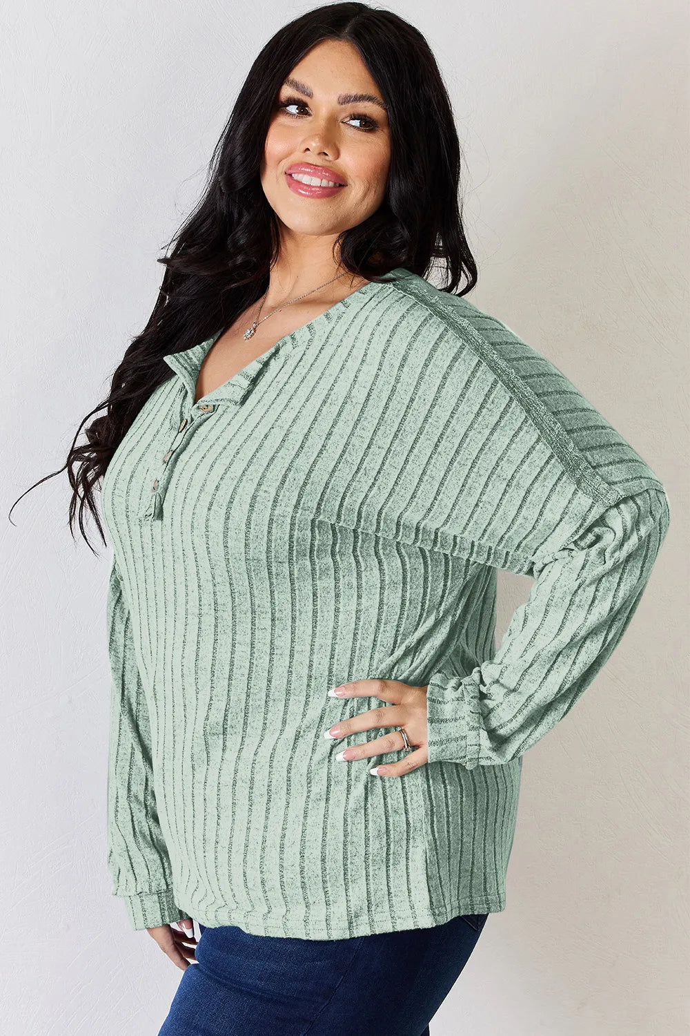 Basic Bae Full Size Ribbed Half Button Long Sleeve T-Shirt - PBNJ FASHIONS