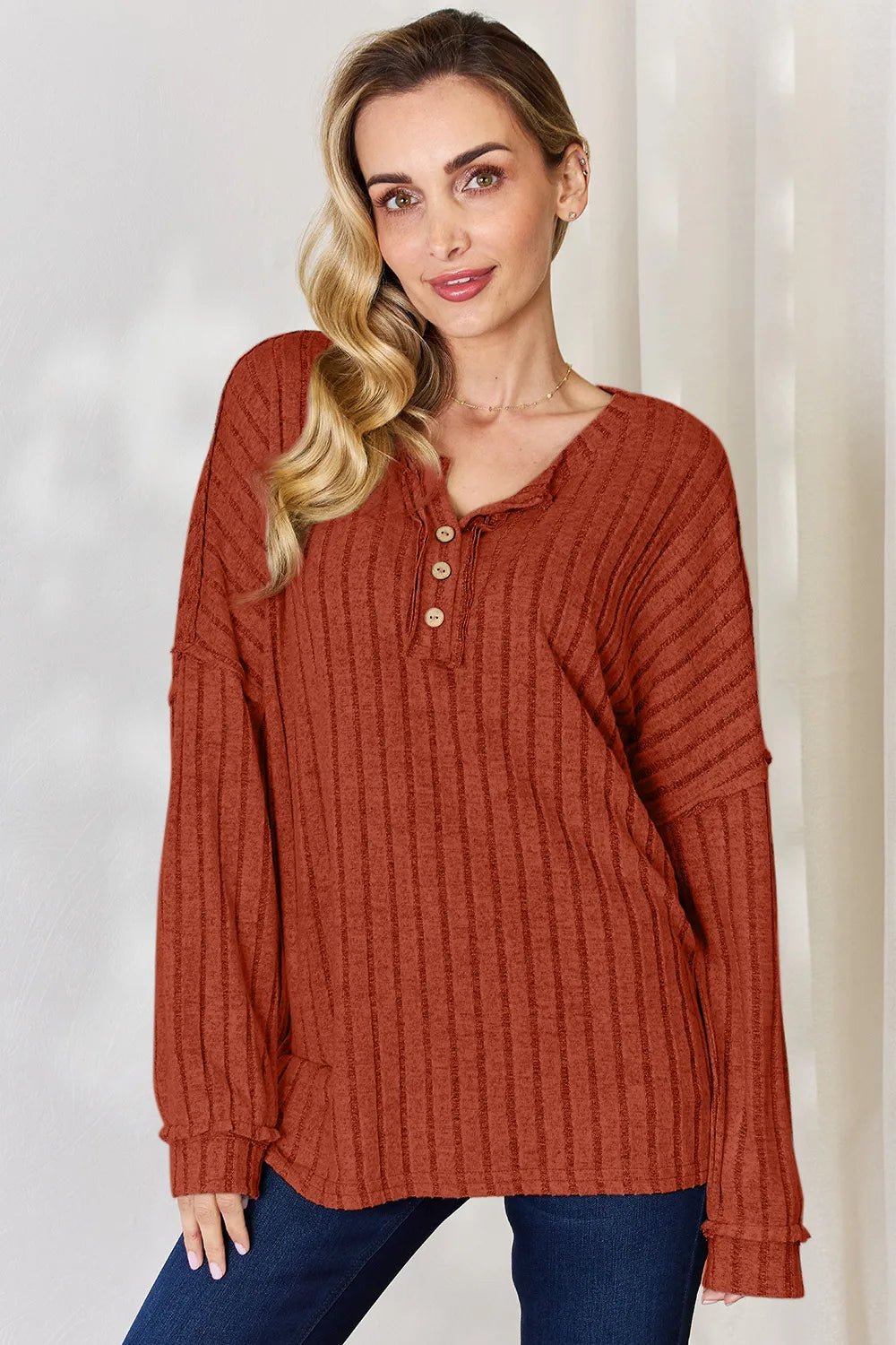 Basic Bae Full Size Ribbed Half Button Long Sleeve T-Shirt - PBNJ FASHIONS