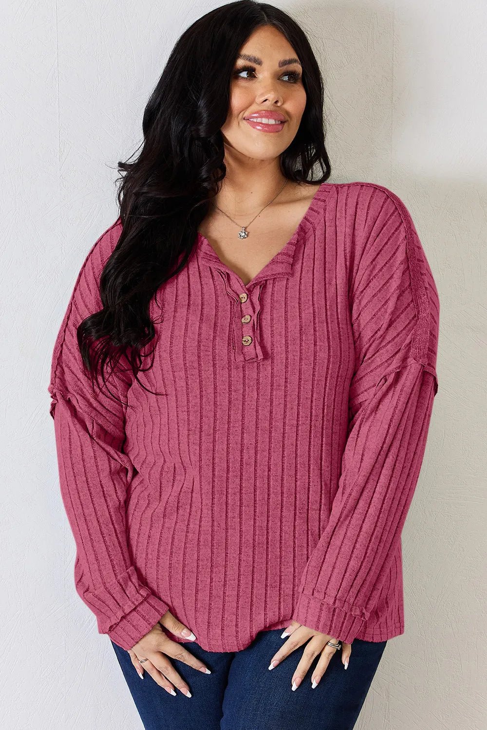 Basic Bae Full Size Ribbed Half Button Long Sleeve T-Shirt - PBNJ FASHIONS