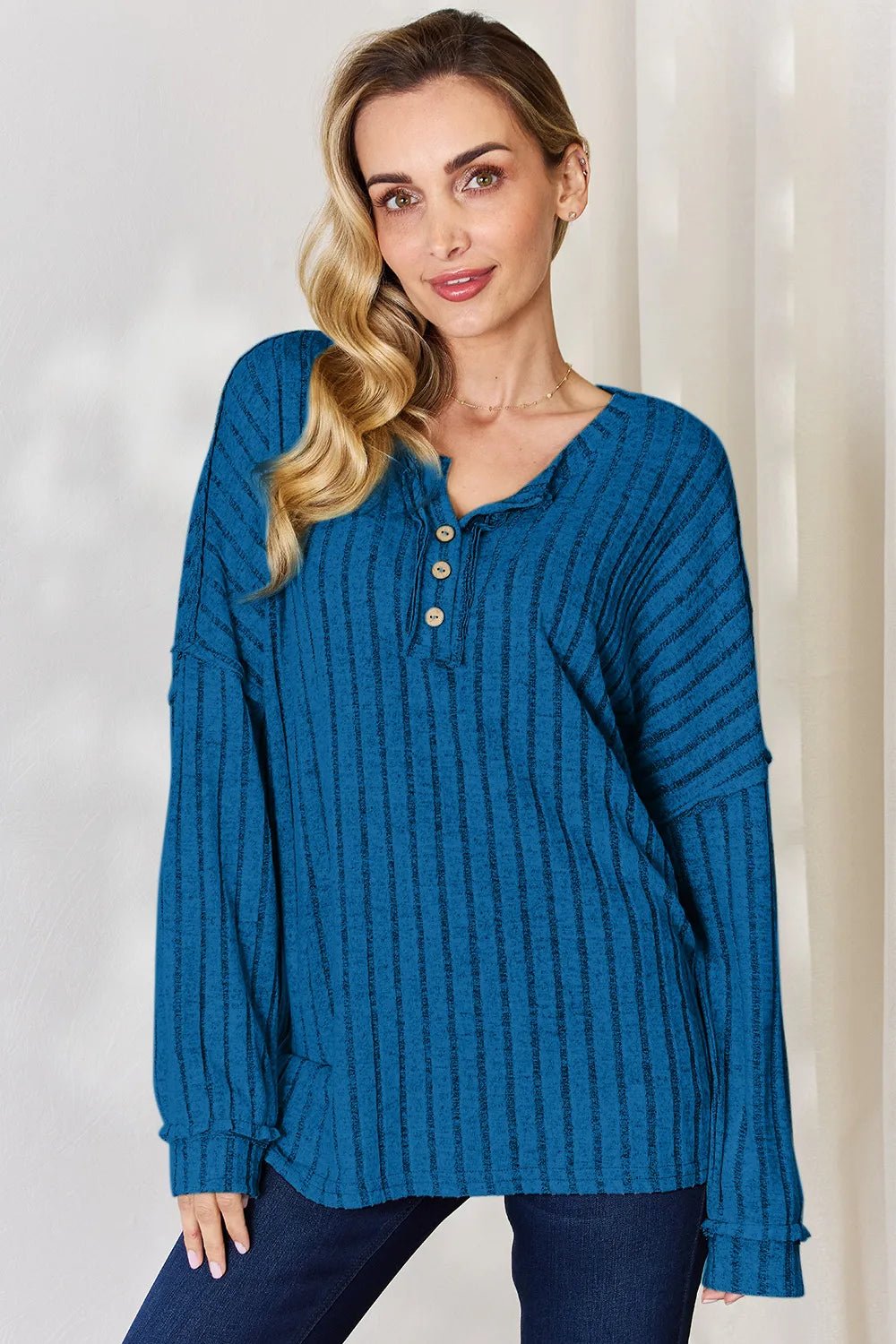 Basic Bae Full Size Ribbed Half Button Long Sleeve T-Shirt - PBNJ FASHIONS