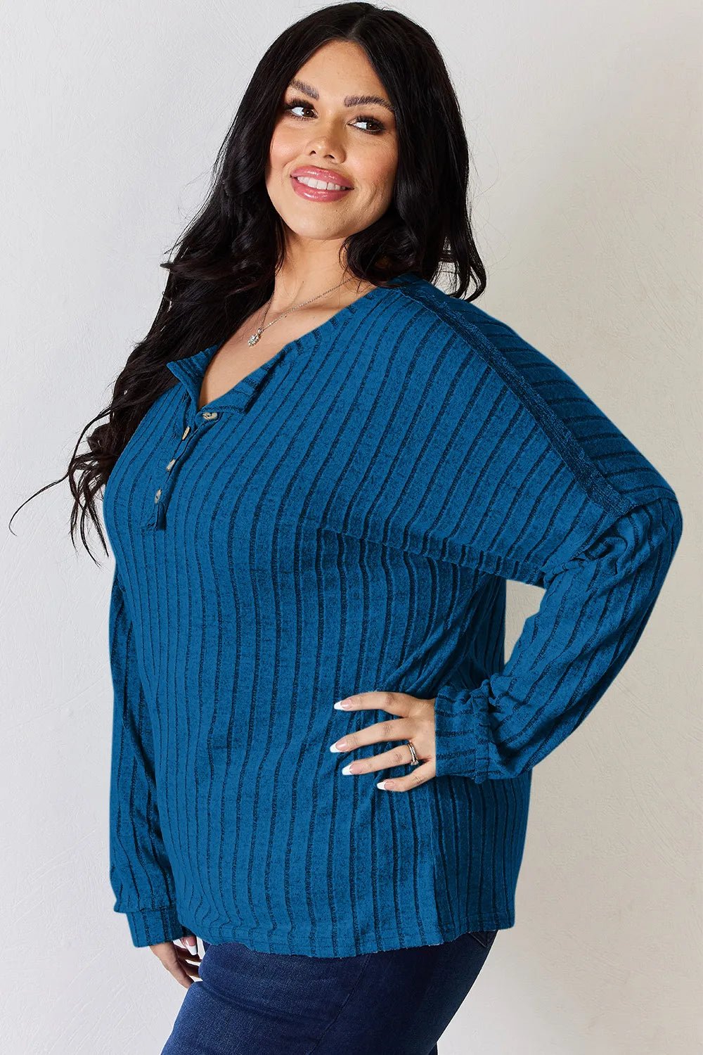 Basic Bae Full Size Ribbed Half Button Long Sleeve T-Shirt - PBNJ FASHIONS
