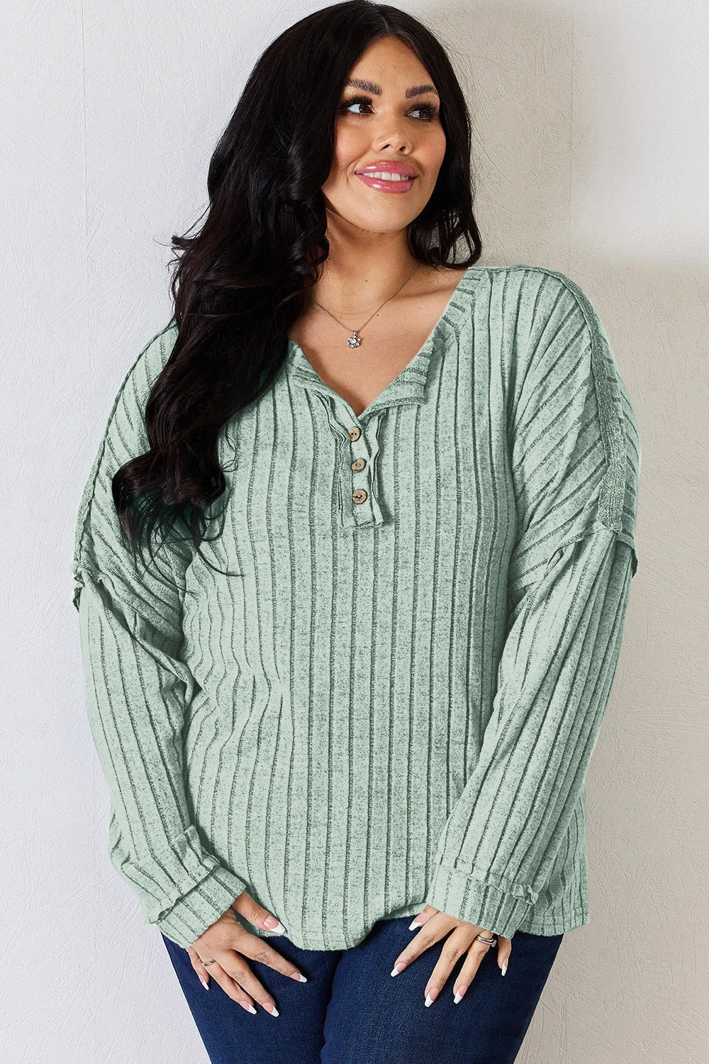 Basic Bae Full Size Ribbed Half Button Long Sleeve T-Shirt - PBNJ FASHIONS