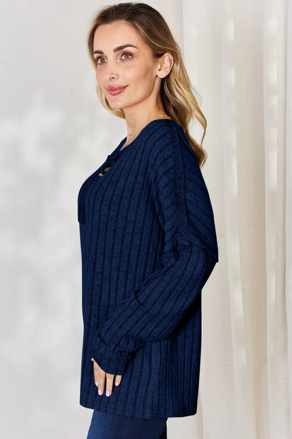 Basic Bae Full Size Ribbed Half Button Long Sleeve T-Shirt - PBNJ FASHIONS