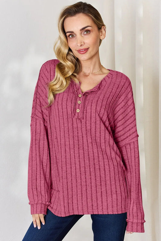 Basic Bae Full Size Ribbed Half Button Long Sleeve T-Shirt - PBNJ FASHIONS