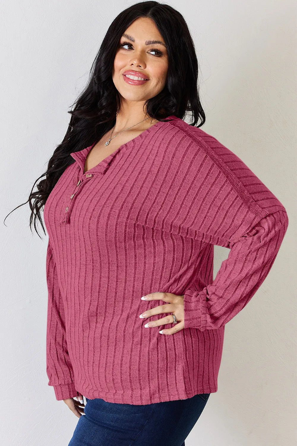 Basic Bae Full Size Ribbed Half Button Long Sleeve T-Shirt - PBNJ FASHIONS
