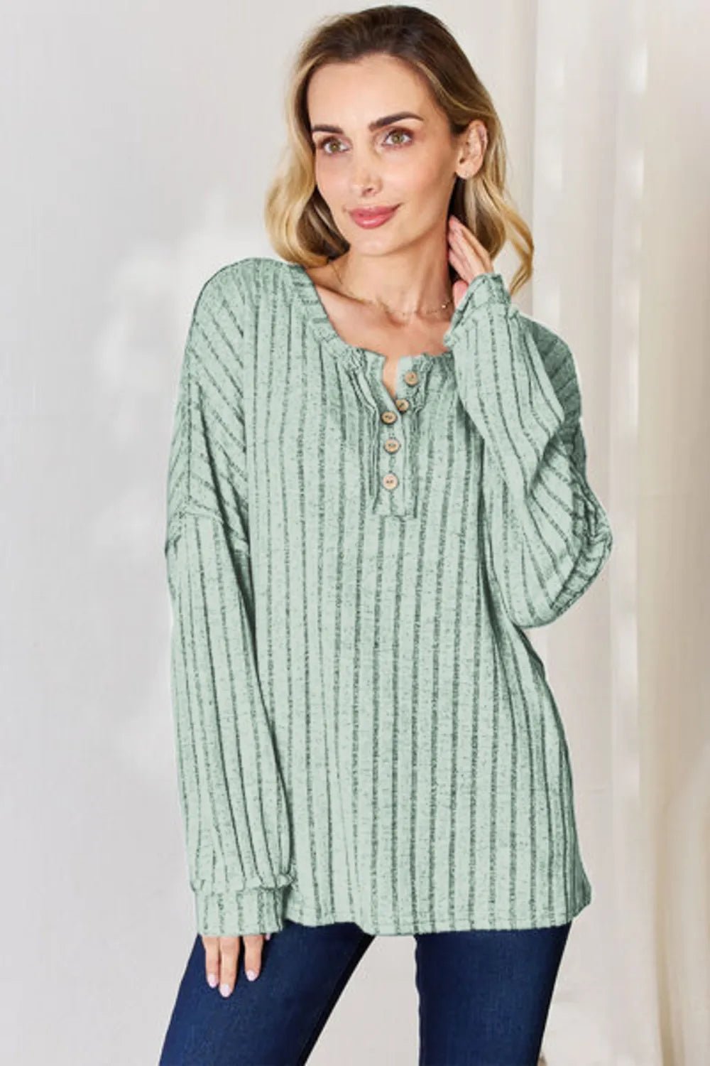 Basic Bae Full Size Ribbed Half Button Long Sleeve T-Shirt - PBNJ FASHIONS