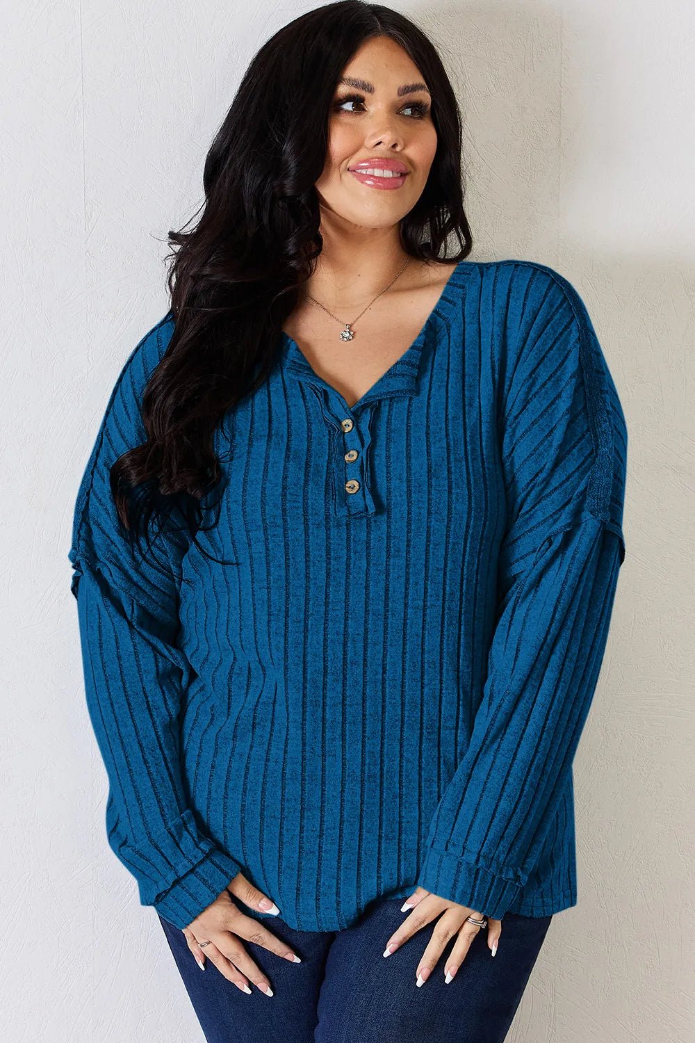 Basic Bae Full Size Ribbed Half Button Long Sleeve T-Shirt - PBNJ FASHIONS