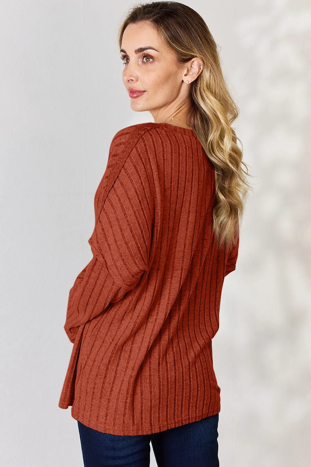 Basic Bae Full Size Ribbed Half Button Long Sleeve T-Shirt - PBNJ FASHIONS