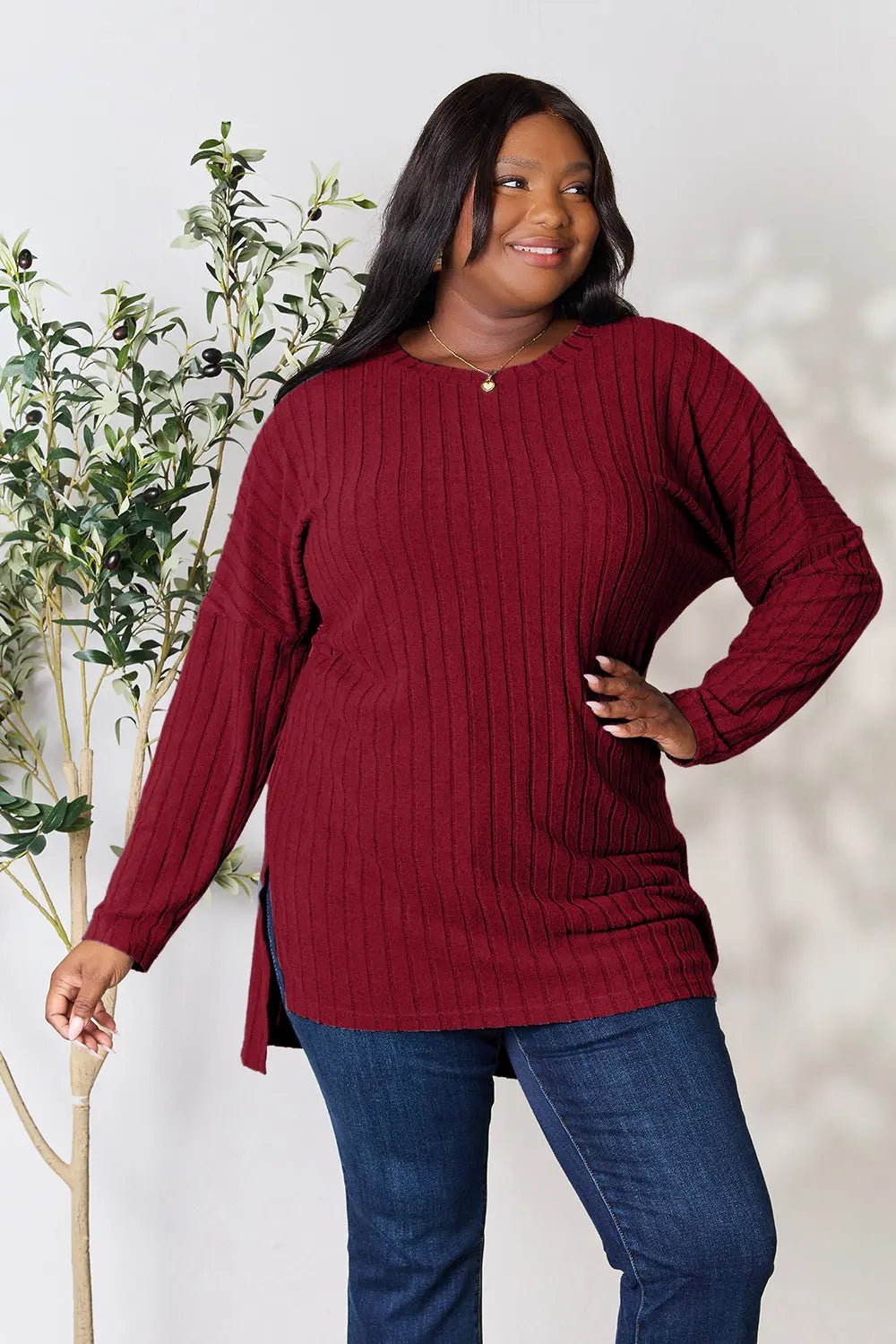 Basic Bae Full Size Ribbed Round Neck Long Sleeve Slit Top - PBNJ FASHIONS