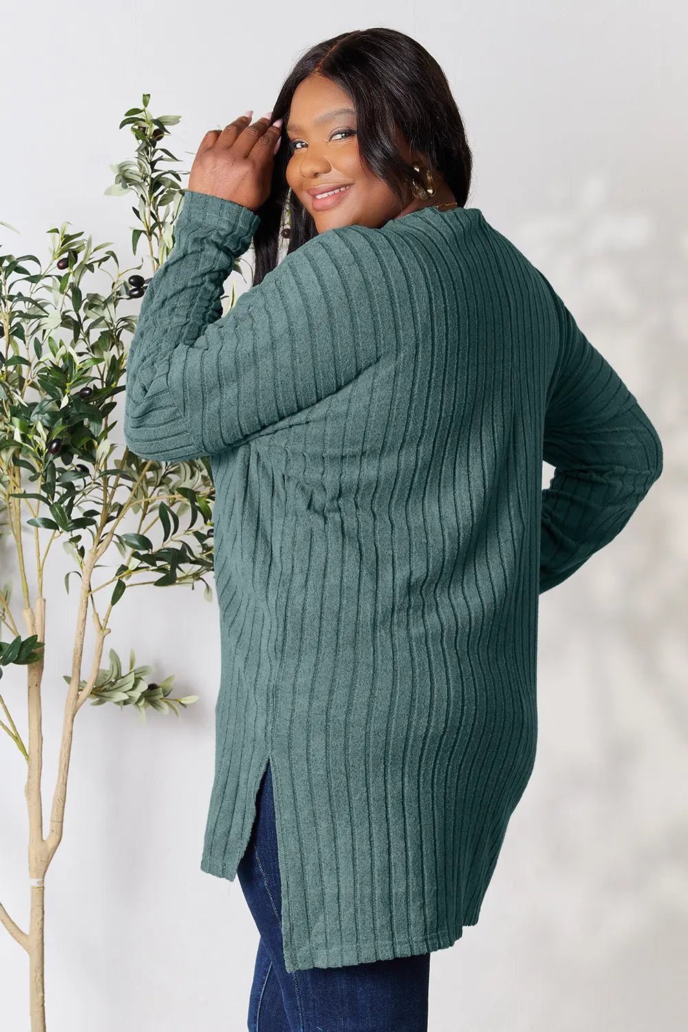Basic Bae Full Size Ribbed Round Neck Long Sleeve Slit Top - PBNJ FASHIONS