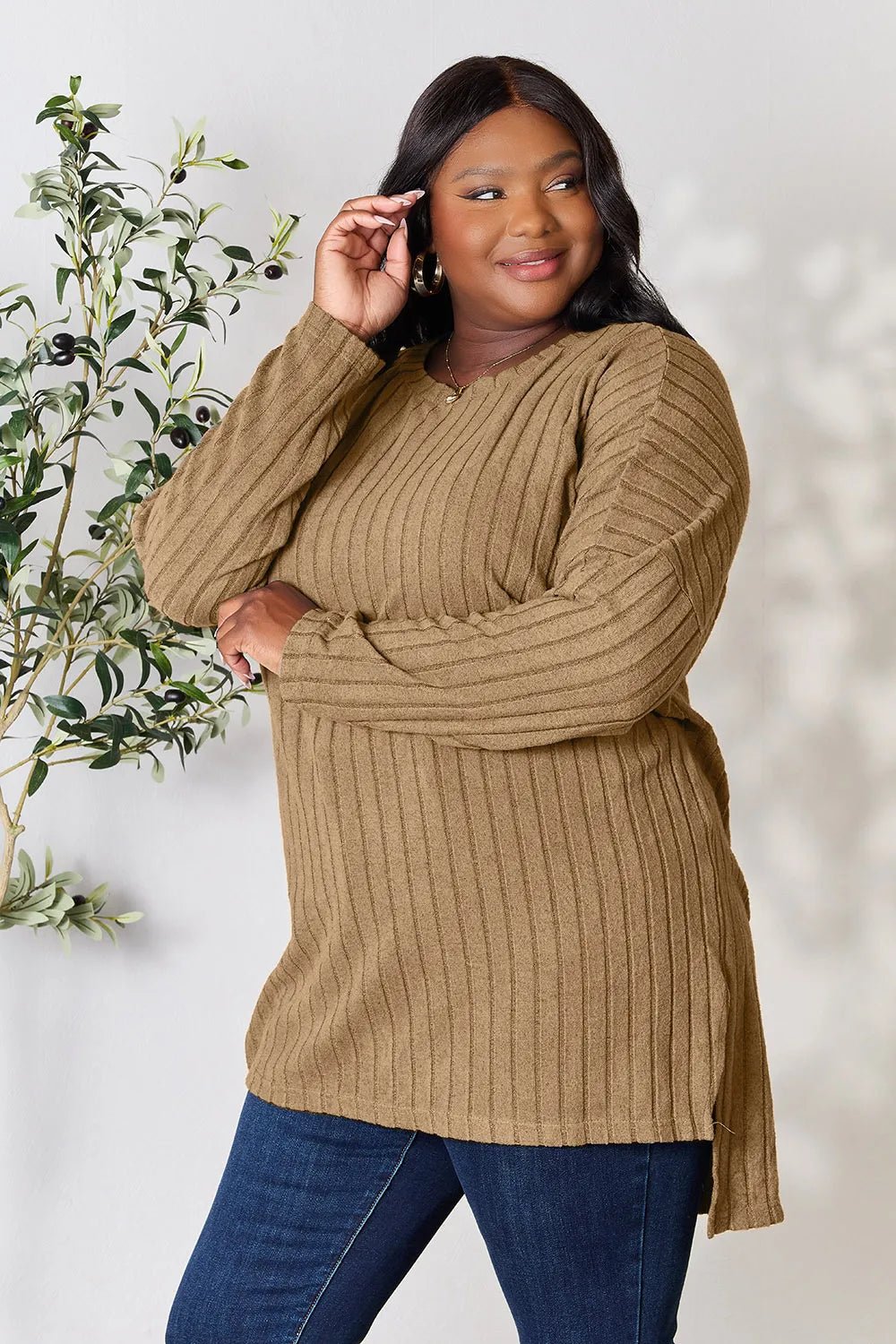 Basic Bae Full Size Ribbed Round Neck Long Sleeve Slit Top - PBNJ FASHIONS