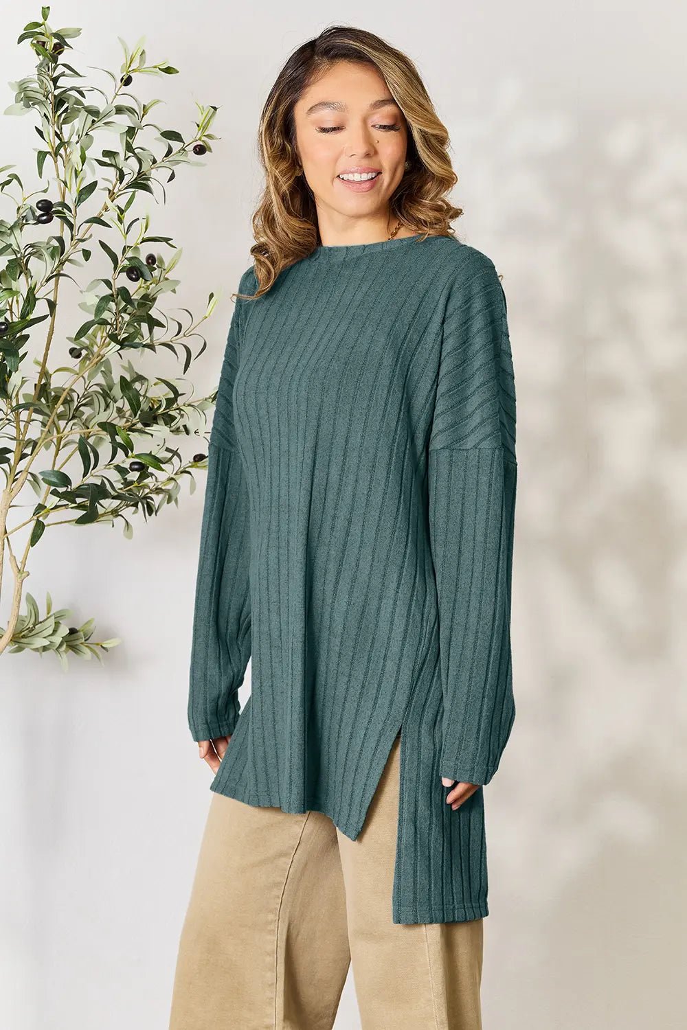 Basic Bae Full Size Ribbed Round Neck Long Sleeve Slit Top - PBNJ FASHIONS