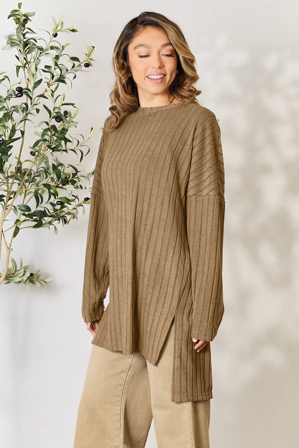 Basic Bae Full Size Ribbed Round Neck Long Sleeve Slit Top - PBNJ FASHIONS