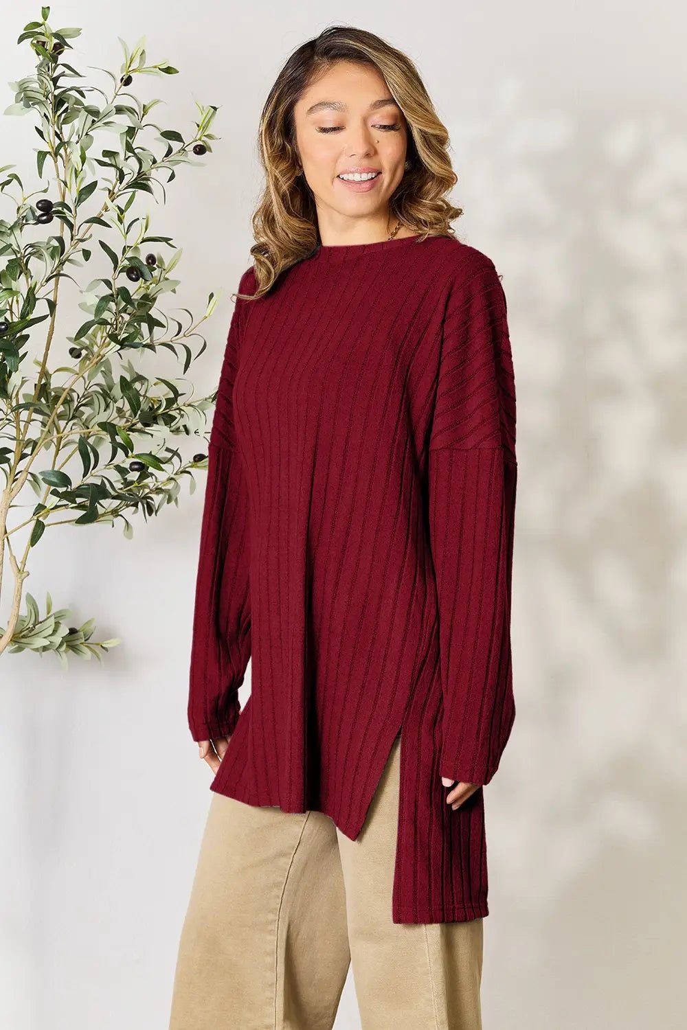 Basic Bae Full Size Ribbed Round Neck Long Sleeve Slit Top - PBNJ FASHIONS