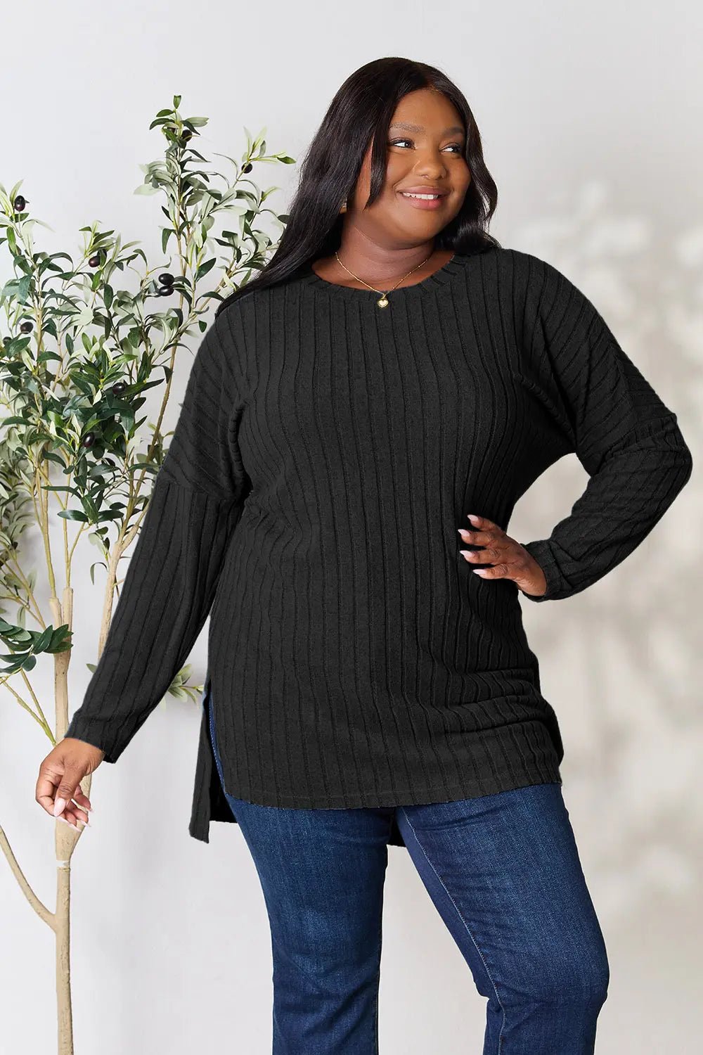 Basic Bae Full Size Ribbed Round Neck Long Sleeve Slit Top - PBNJ FASHIONS