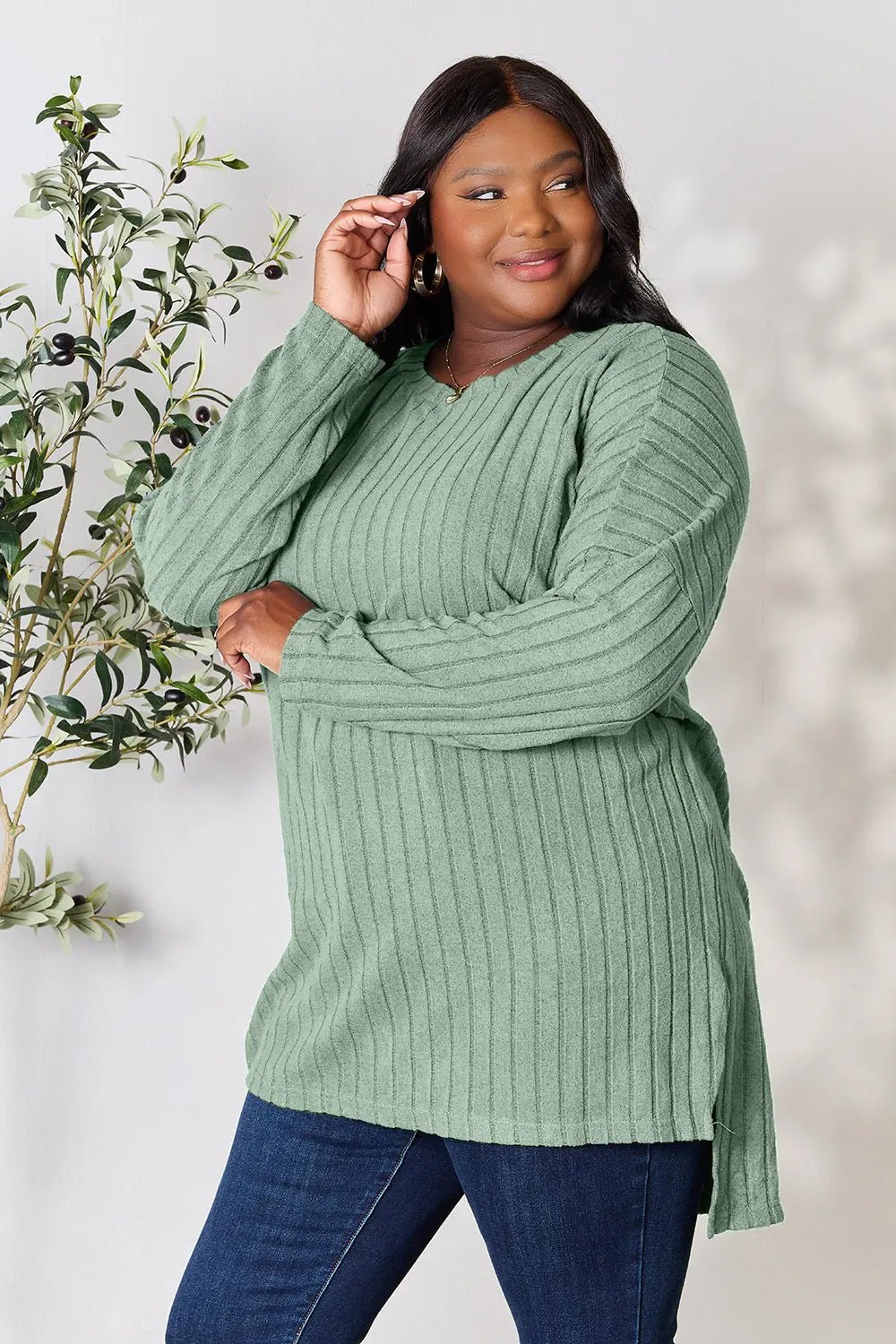 Basic Bae Full Size Ribbed Round Neck Long Sleeve Slit Top - PBNJ FASHIONS