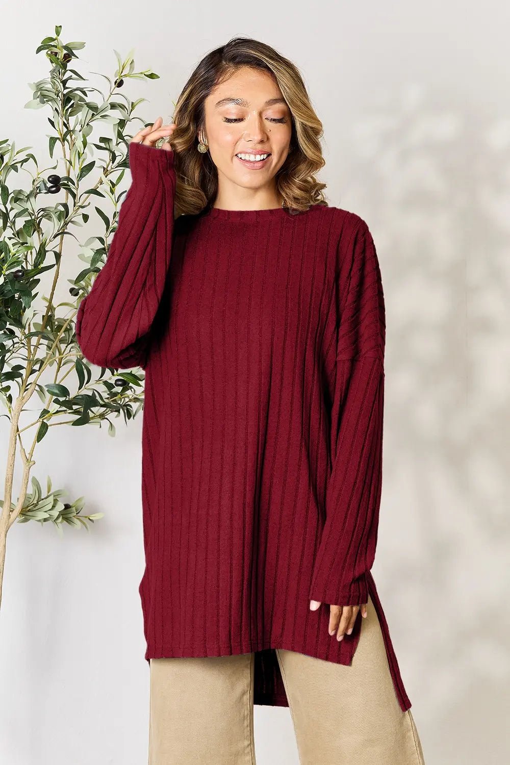 Basic Bae Full Size Ribbed Round Neck Long Sleeve Slit Top - PBNJ FASHIONS