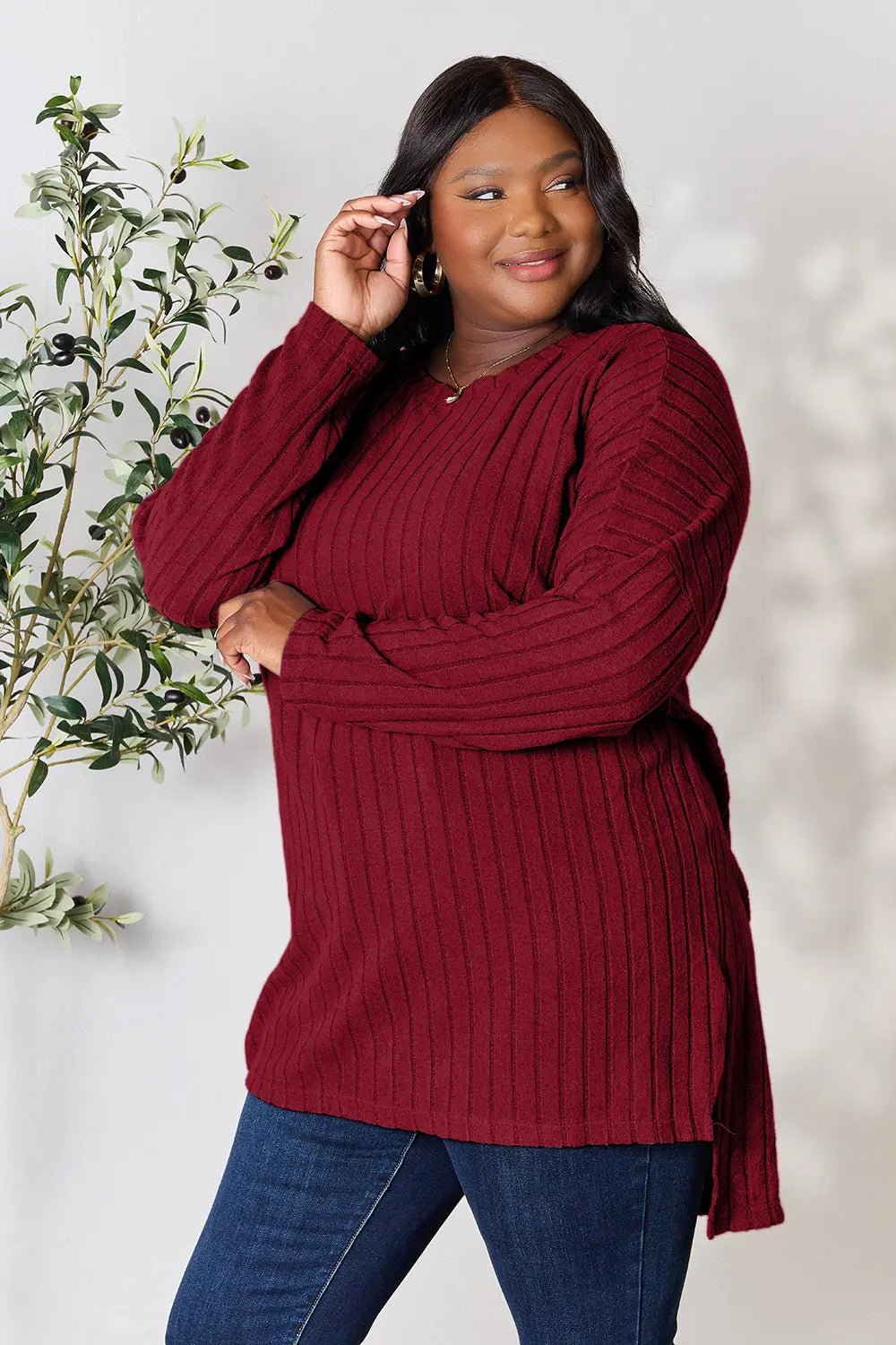 Basic Bae Full Size Ribbed Round Neck Long Sleeve Slit Top - PBNJ FASHIONS