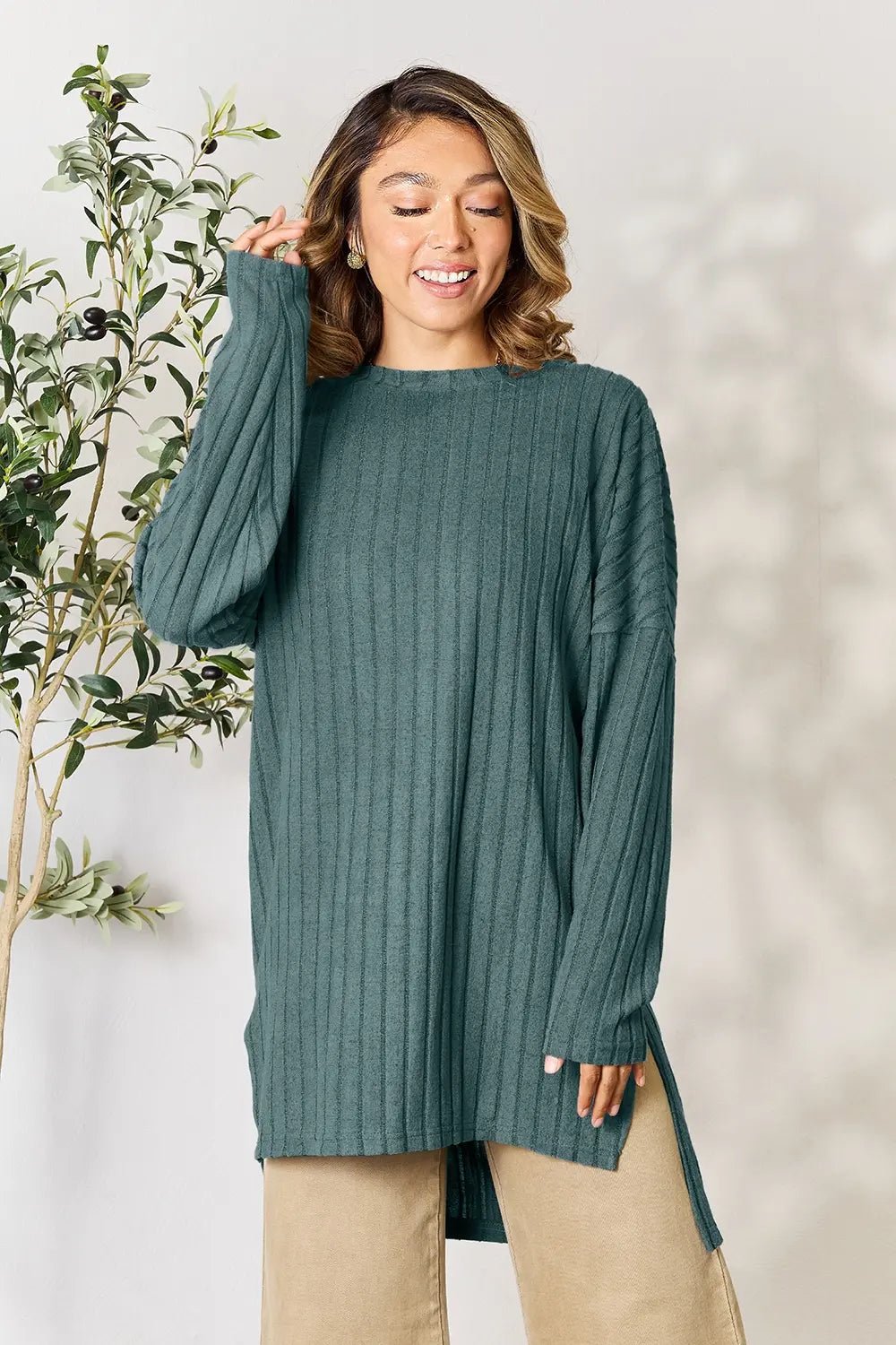 Basic Bae Full Size Ribbed Round Neck Long Sleeve Slit Top - PBNJ FASHIONS