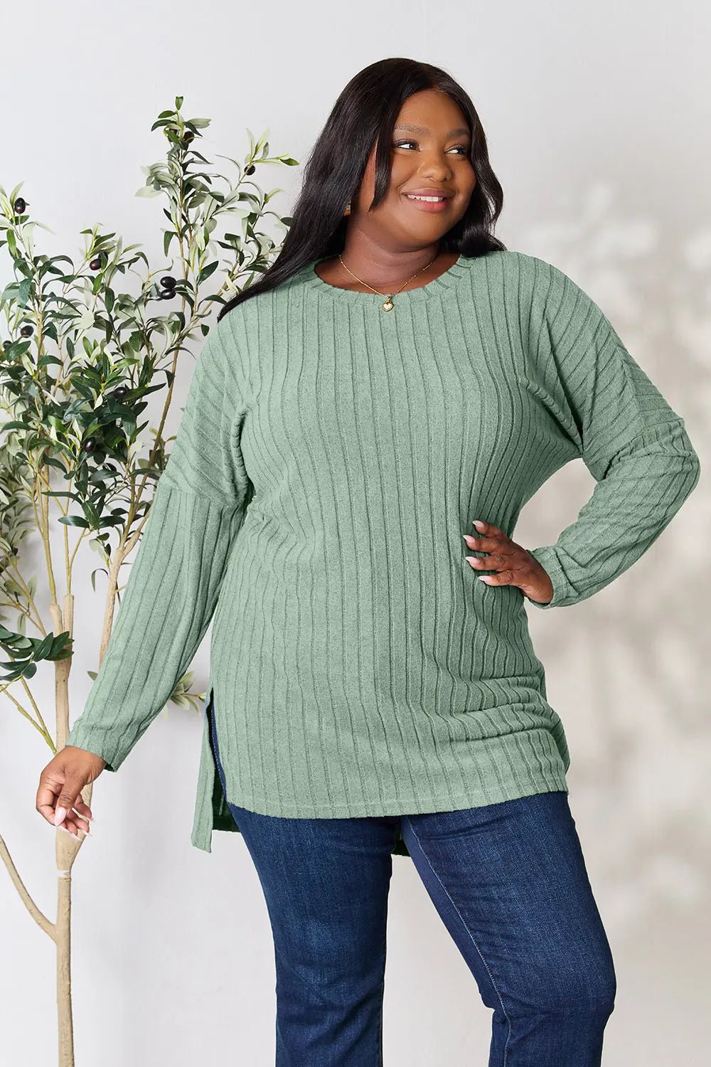 Basic Bae Full Size Ribbed Round Neck Long Sleeve Slit Top - PBNJ FASHIONS
