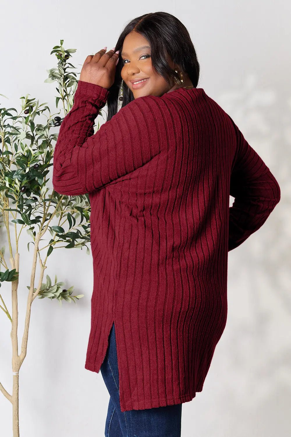 Basic Bae Full Size Ribbed Round Neck Long Sleeve Slit Top - PBNJ FASHIONS