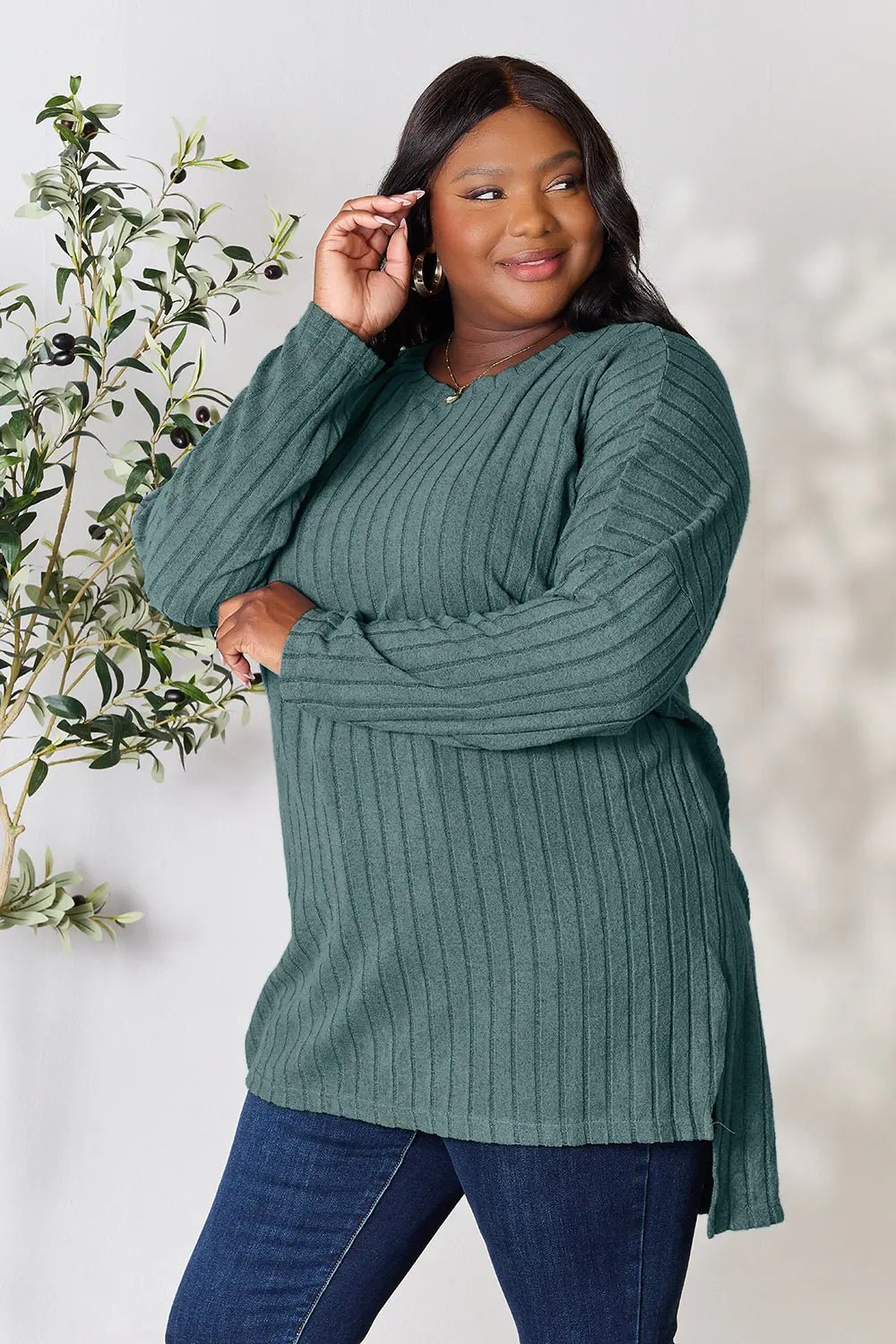 Basic Bae Full Size Ribbed Round Neck Long Sleeve Slit Top - PBNJ FASHIONS