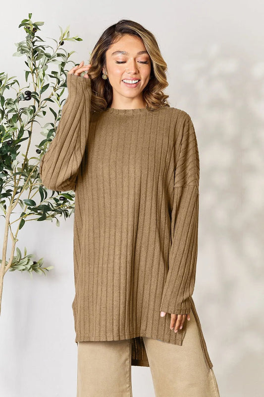 Basic Bae Full Size Ribbed Round Neck Long Sleeve Slit Top - PBNJ FASHIONS