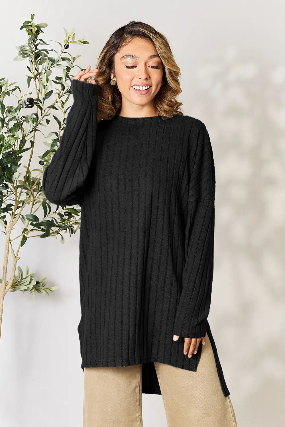 Basic Bae Full Size Ribbed Round Neck Long Sleeve Slit Top - PBNJ FASHIONS