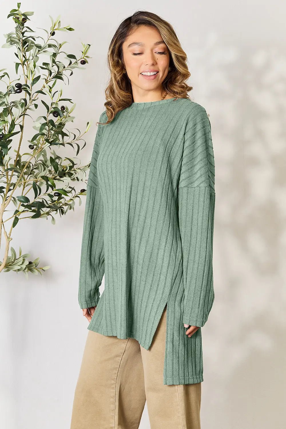Basic Bae Full Size Ribbed Round Neck Long Sleeve Slit Top - PBNJ FASHIONS