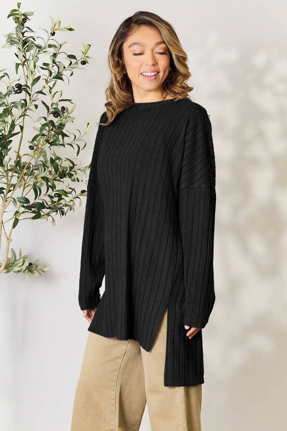 Basic Bae Full Size Ribbed Round Neck Long Sleeve Slit Top - PBNJ FASHIONS