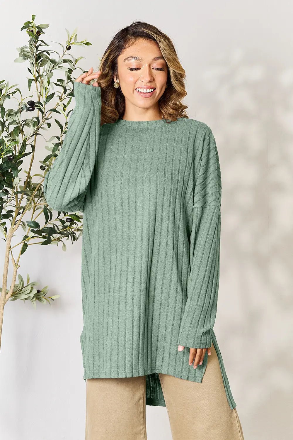 Basic Bae Full Size Ribbed Round Neck Long Sleeve Slit Top - PBNJ FASHIONS