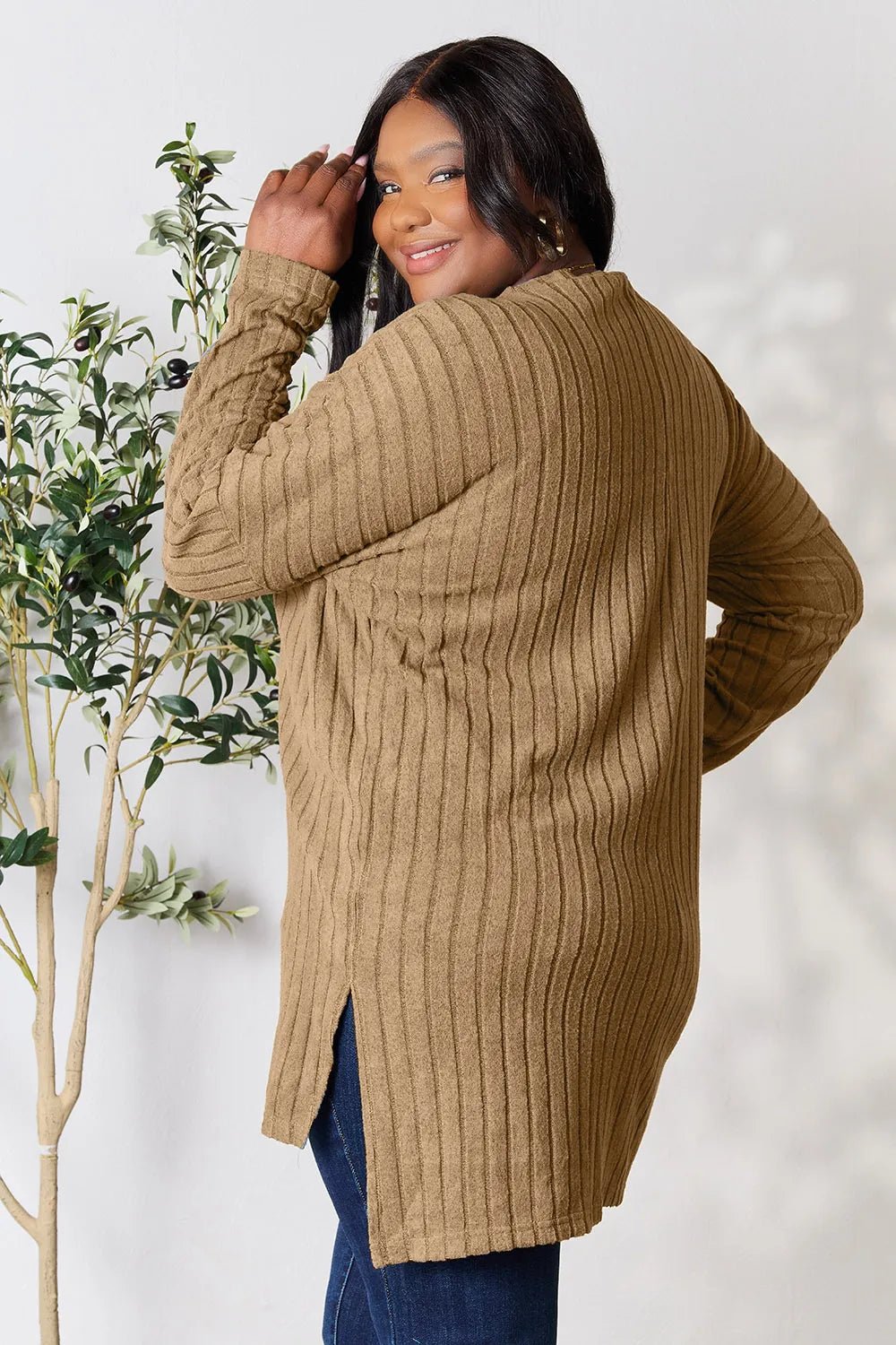 Basic Bae Full Size Ribbed Round Neck Long Sleeve Slit Top - PBNJ FASHIONS