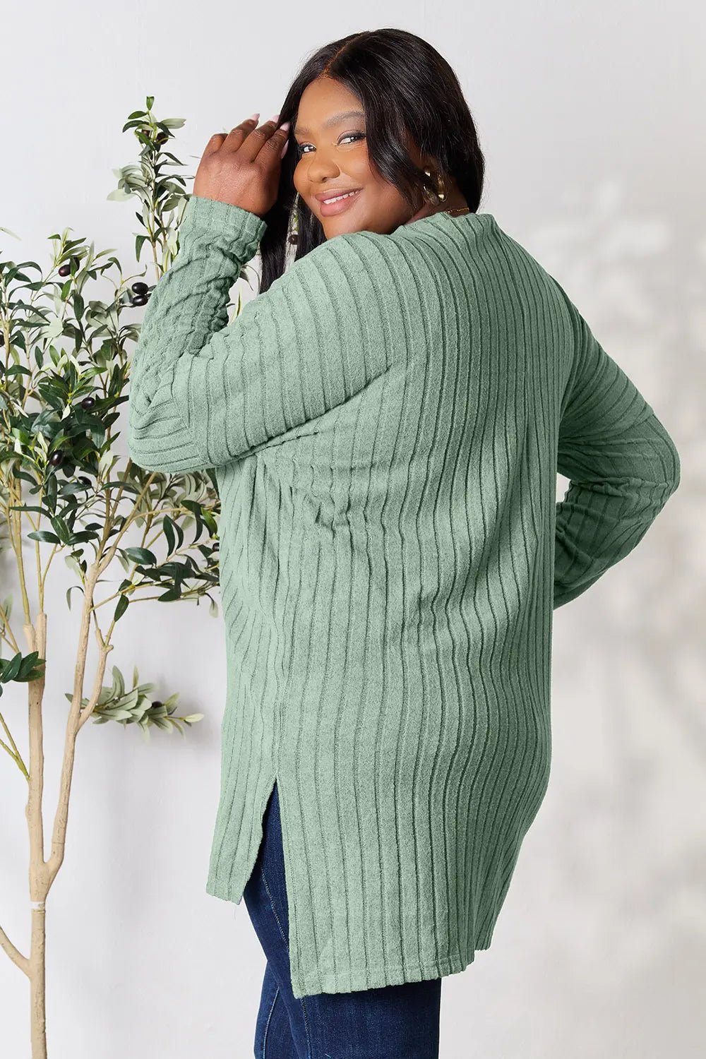 Basic Bae Full Size Ribbed Round Neck Long Sleeve Slit Top - PBNJ FASHIONS