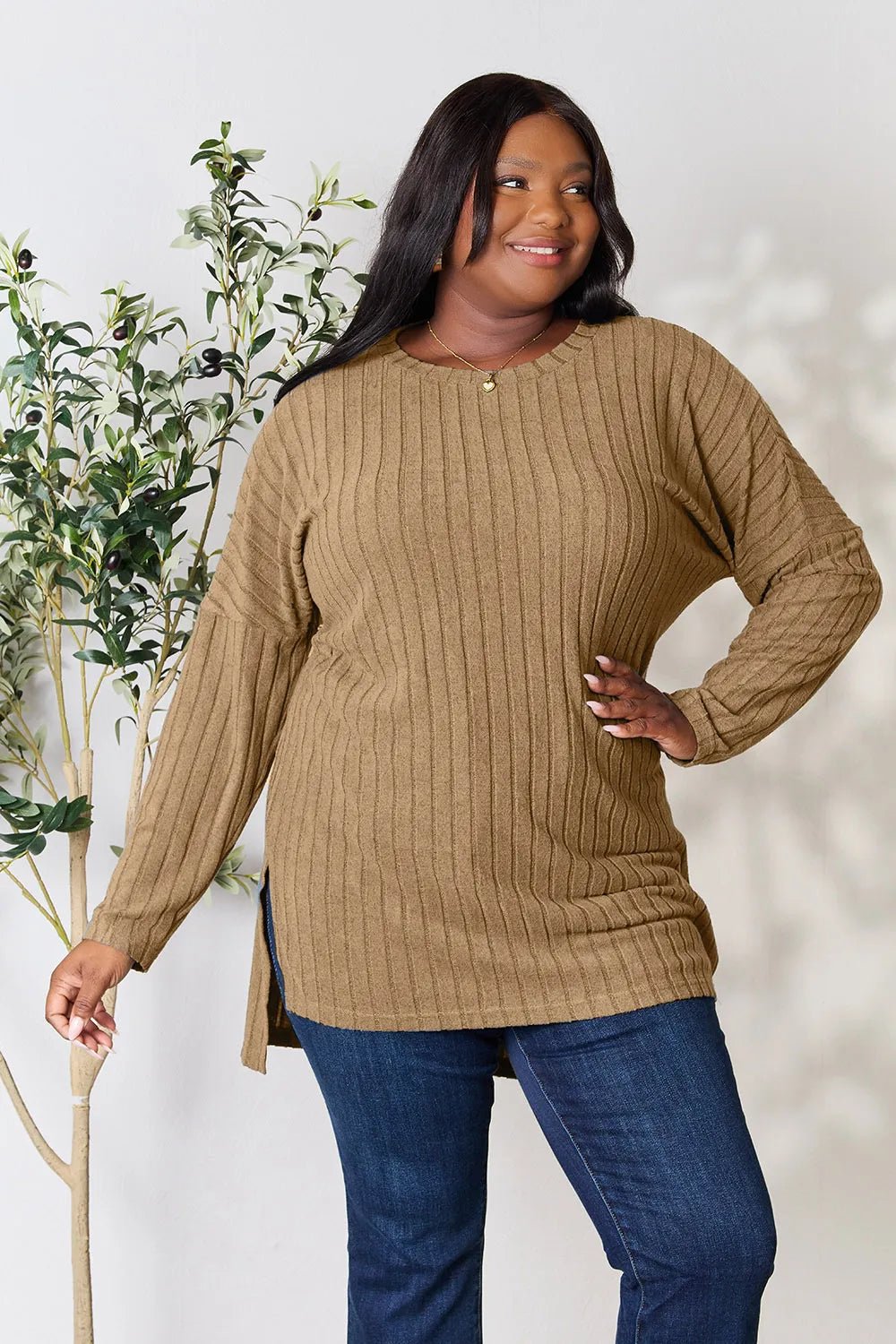 Basic Bae Full Size Ribbed Round Neck Long Sleeve Slit Top - PBNJ FASHIONS