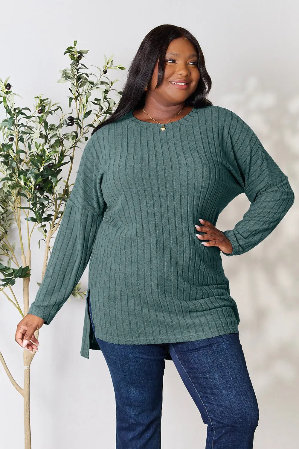 Basic Bae Full Size Ribbed Round Neck Long Sleeve Slit Top - PBNJ FASHIONS