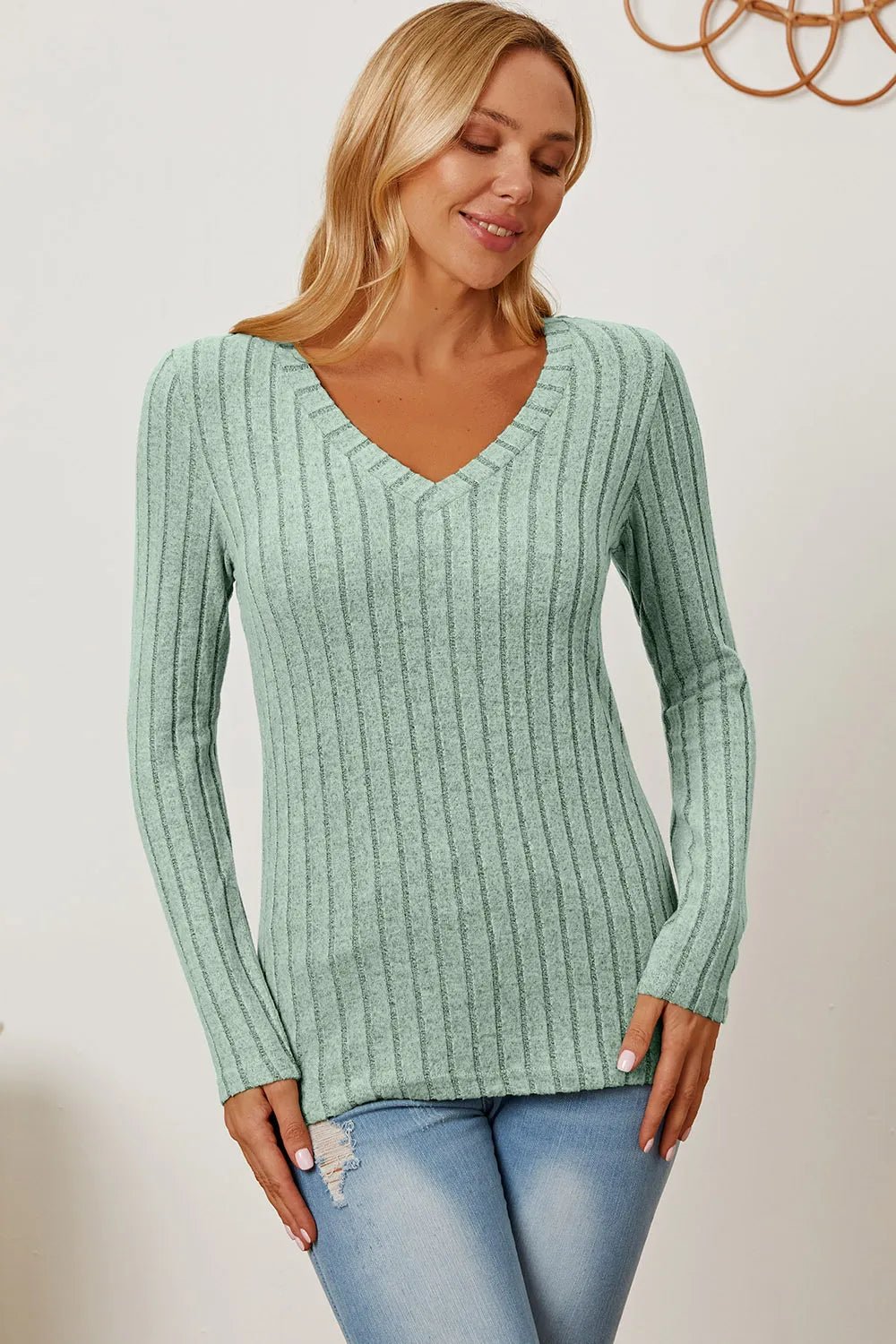 Basic Bae Full Size Ribbed V - Neck Long Sleeve T-Shirt - PBNJ FASHIONS