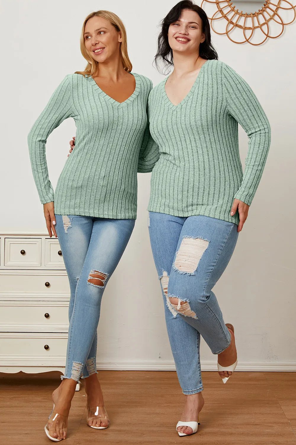 Basic Bae Full Size Ribbed V - Neck Long Sleeve T-Shirt - PBNJ FASHIONS