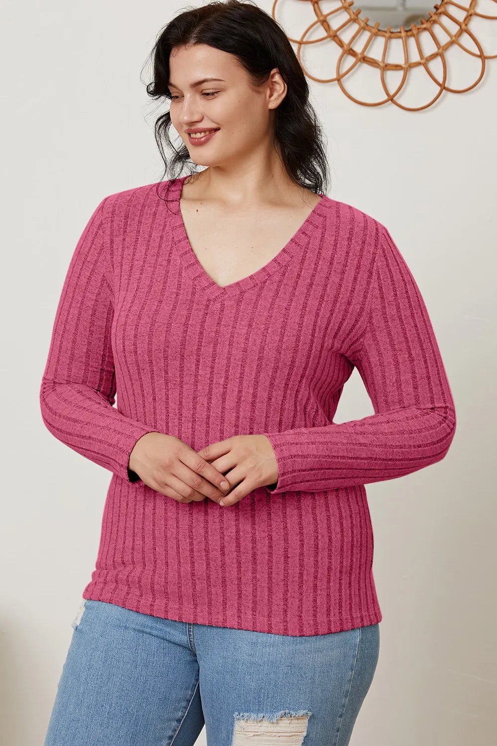 Basic Bae Full Size Ribbed V - Neck Long Sleeve T-Shirt - PBNJ FASHIONS