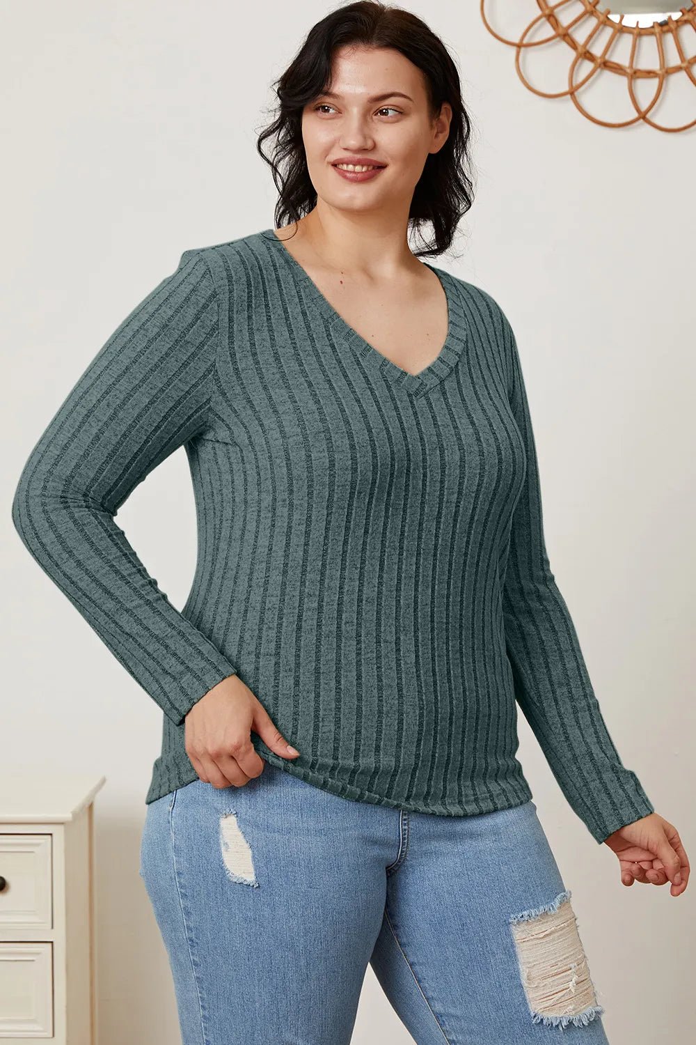 Basic Bae Full Size Ribbed V - Neck Long Sleeve T-Shirt - PBNJ FASHIONS