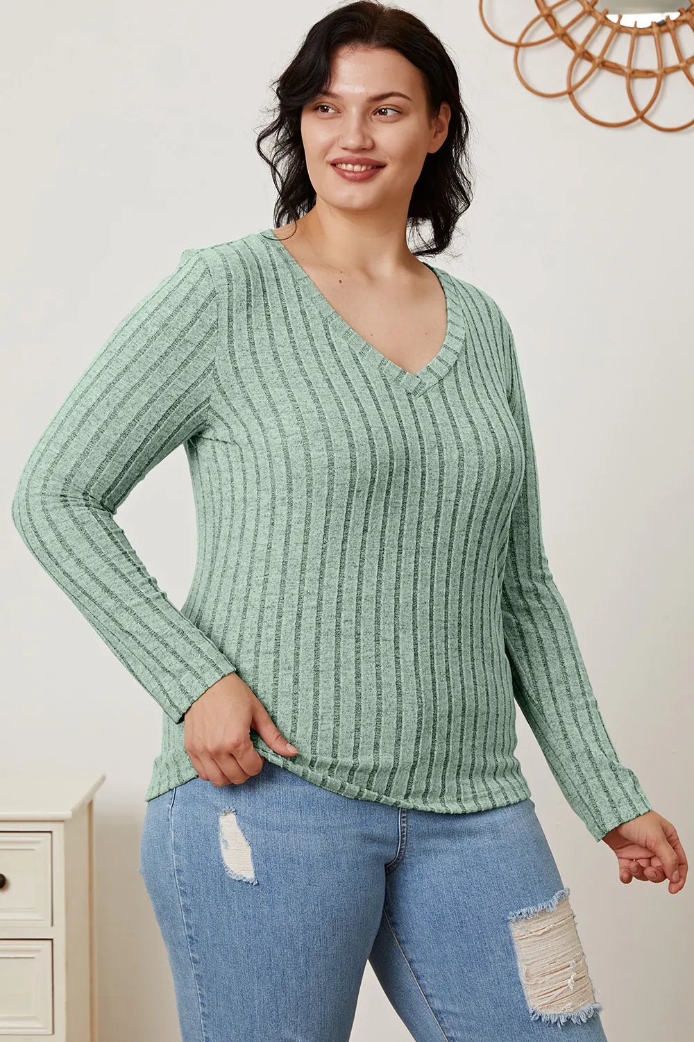 Basic Bae Full Size Ribbed V - Neck Long Sleeve T-Shirt - PBNJ FASHIONS