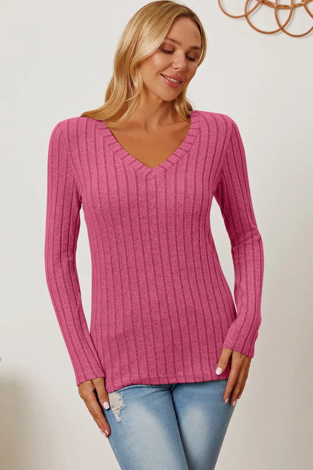 Basic Bae Full Size Ribbed V - Neck Long Sleeve T-Shirt - PBNJ FASHIONS